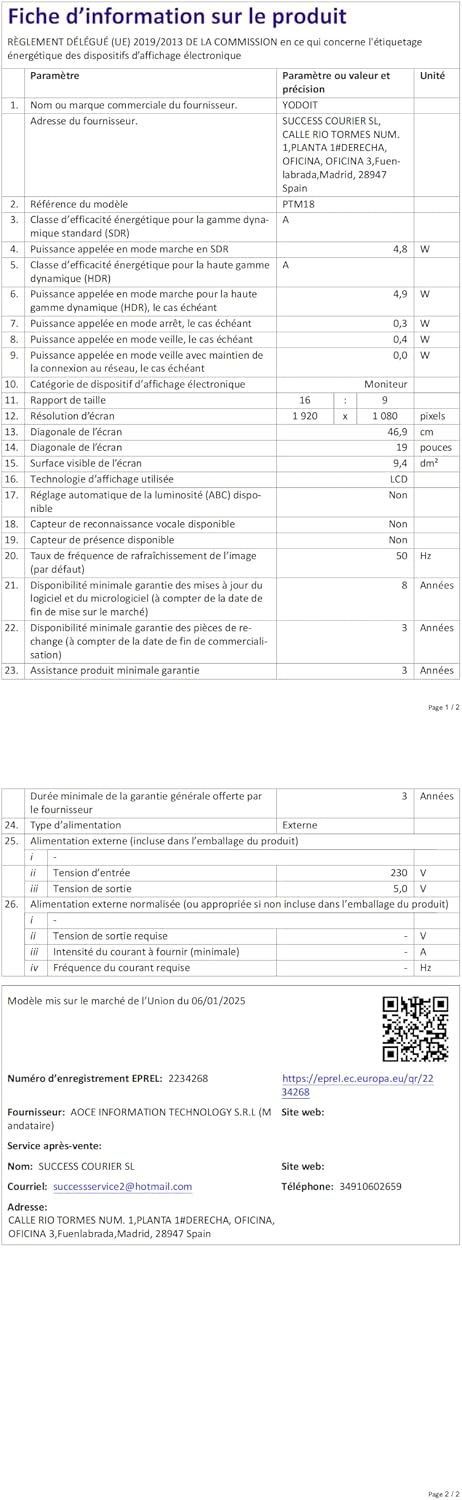 EU Energy Label for Yodoit PTM18 monitor, showing energy efficiency class A and consumption of 5 kWh/1000h.