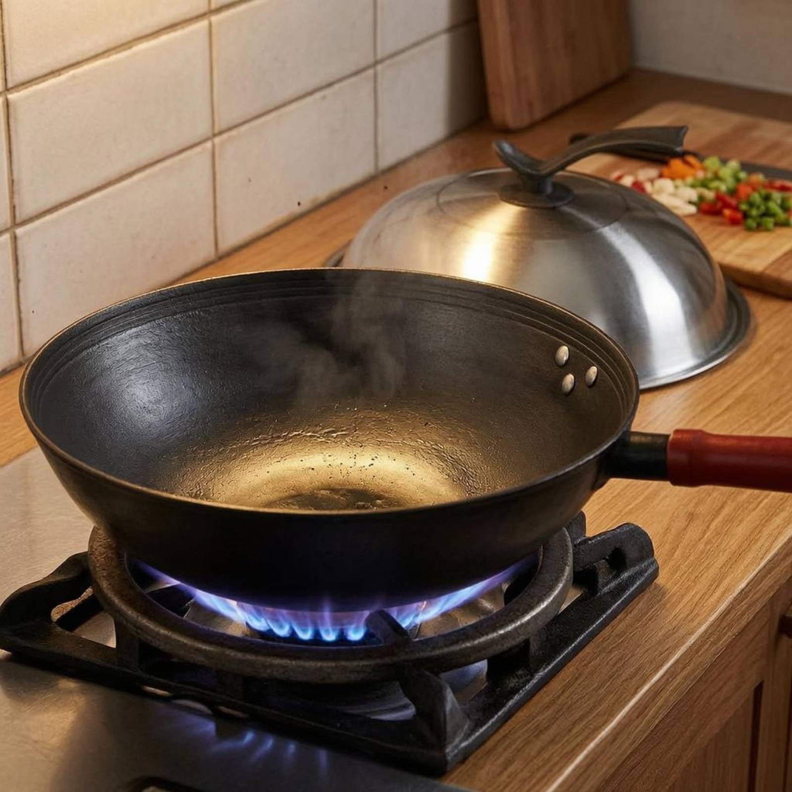 Wok de Hierro Fundido Sartén Olla Cazo con Fondo Redondo para Cocción Ágil y Aromática Superficie Curada Que Evita, 30 Cm, Olla Individual De Fondo Redondo De 30 Cm
