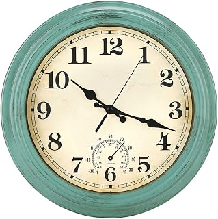 YUMTIM 12 Inch Retro Waterproof Wall Clock with Thermometer - Silent Non-Ticking Quartz, Indoor/Outdoor Vintage Olive Green Decor