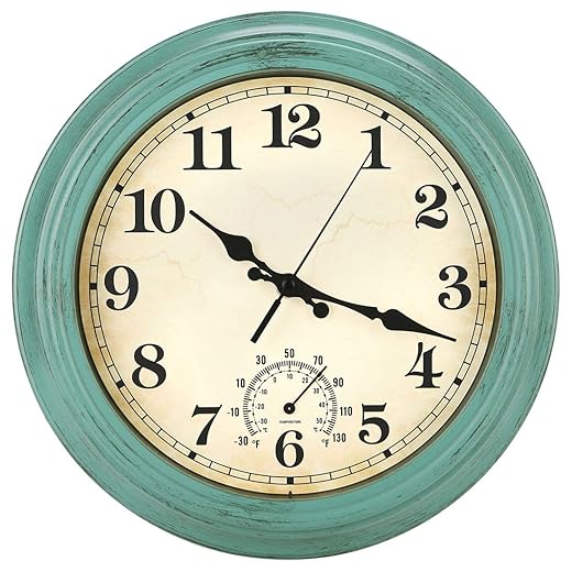12 Inch Indoor/Outdoor Retro Waterproof Wall Clock with Thermometer,Vintage Battery Operated Silent