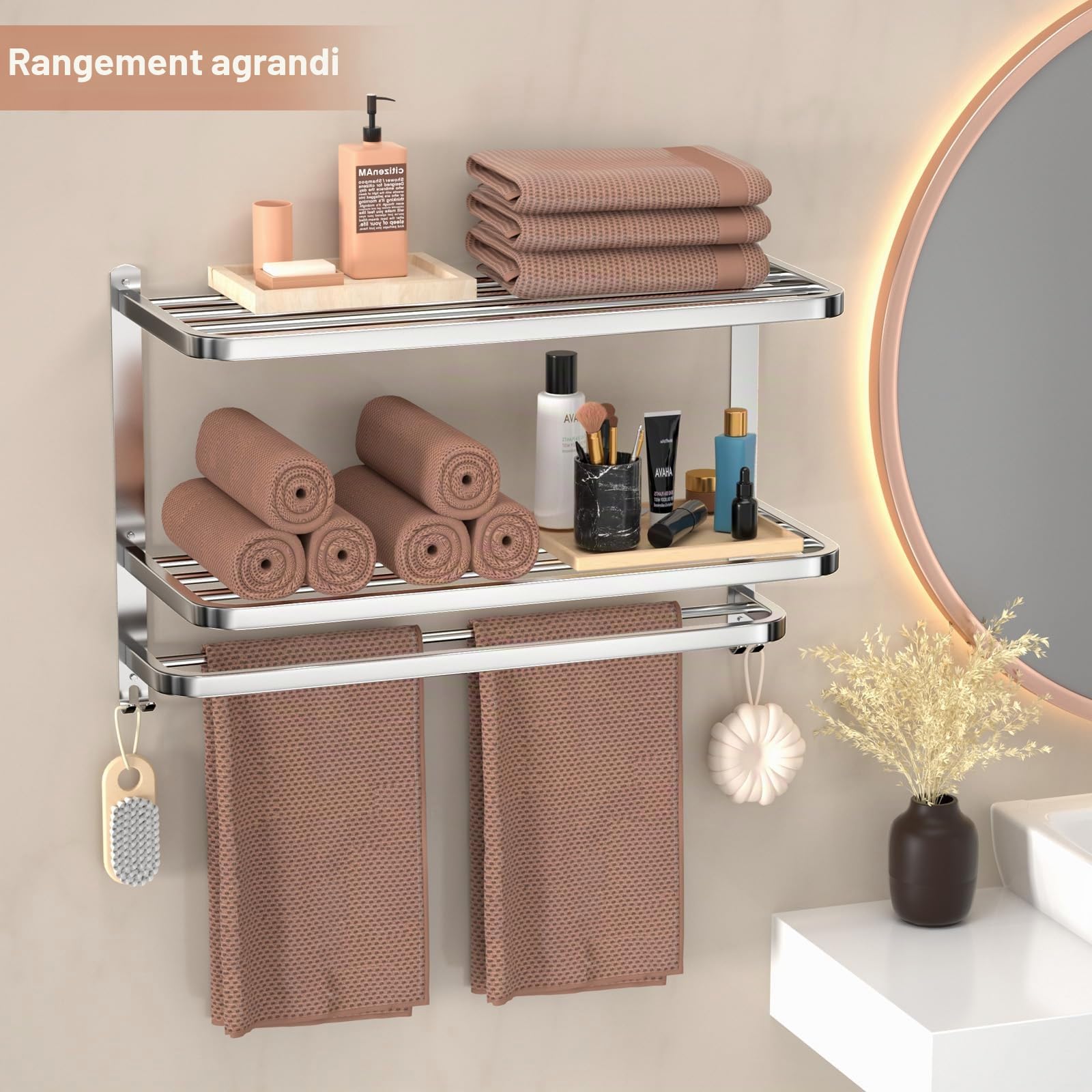 Porte-serviettes à 3 niveaux pour salle de bain en acier inoxydable, support mural finition brossée avec étagère multicouche
