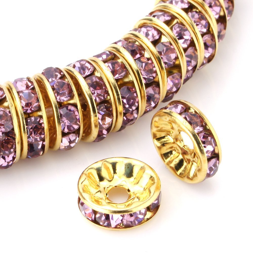 RUBYCA 100pcs Round Rondelle Spacer Bead Gold Tone 6mm Light Amethyst Czech Crystal
