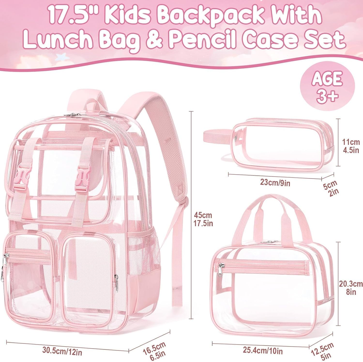 Fimibuke Clear Backpack for Girls - 3 PCS Heavy Duty Kids Clear Bags Schoolbag Large Transparent PVC Bookbag with Lunch Box Pencil Case Set for Travel School Concert Stadium Events Backpacks - Image 2
