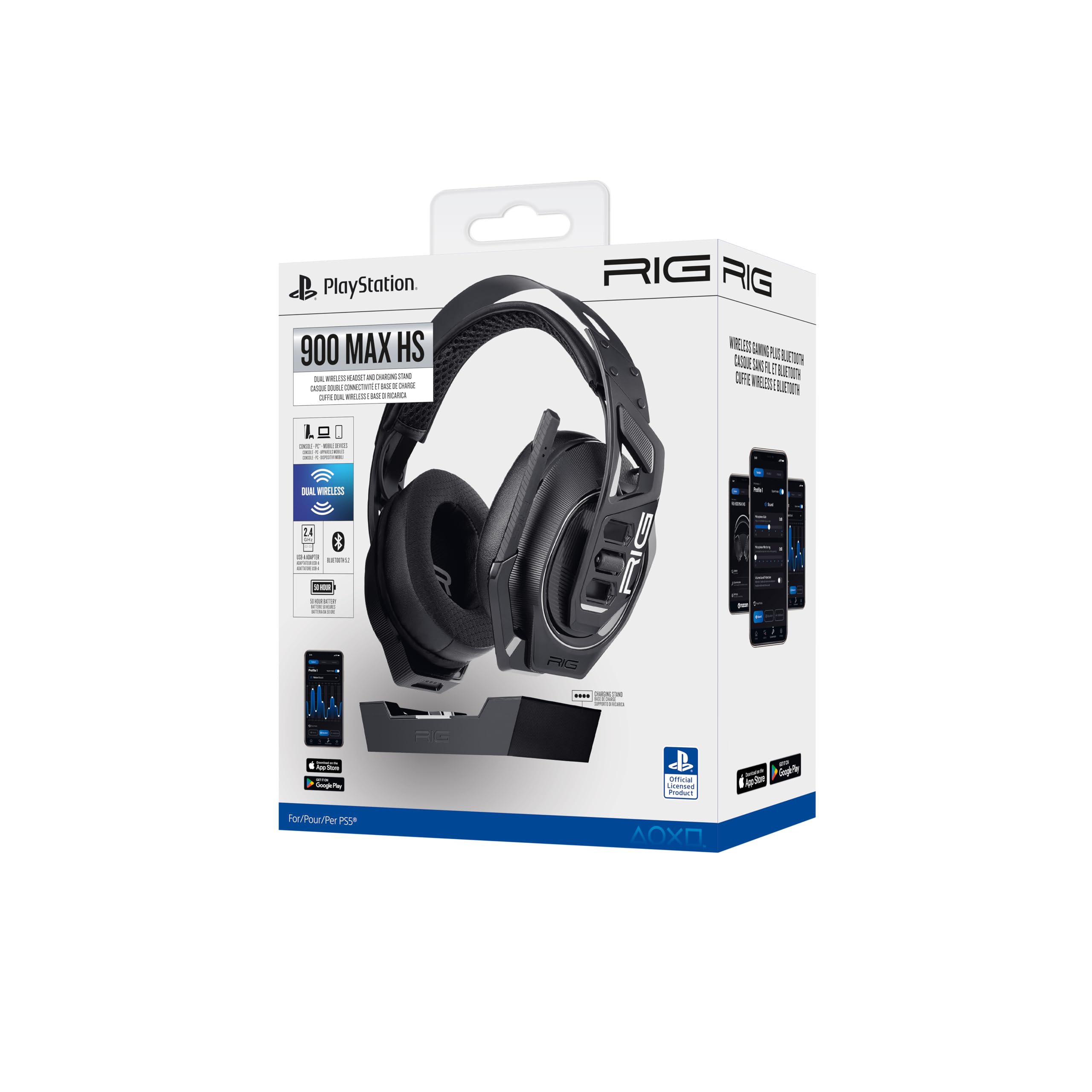 Auriculares Gaming y su estación base Bluetooth, conexión de 2,4 GHz autonomía 60 horas oficial PlayStation 5 compatible con PC RIG900