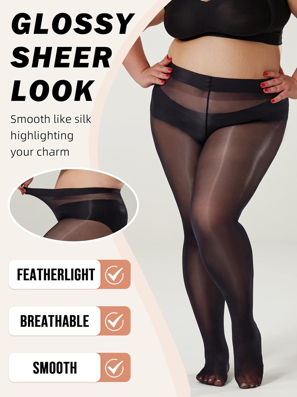 Shiny Tights for Women, Plus Size Black Sheer Ultra Shimmery Pantyhose, Sexy Oil Glossy Stockings Nylon - Image 3