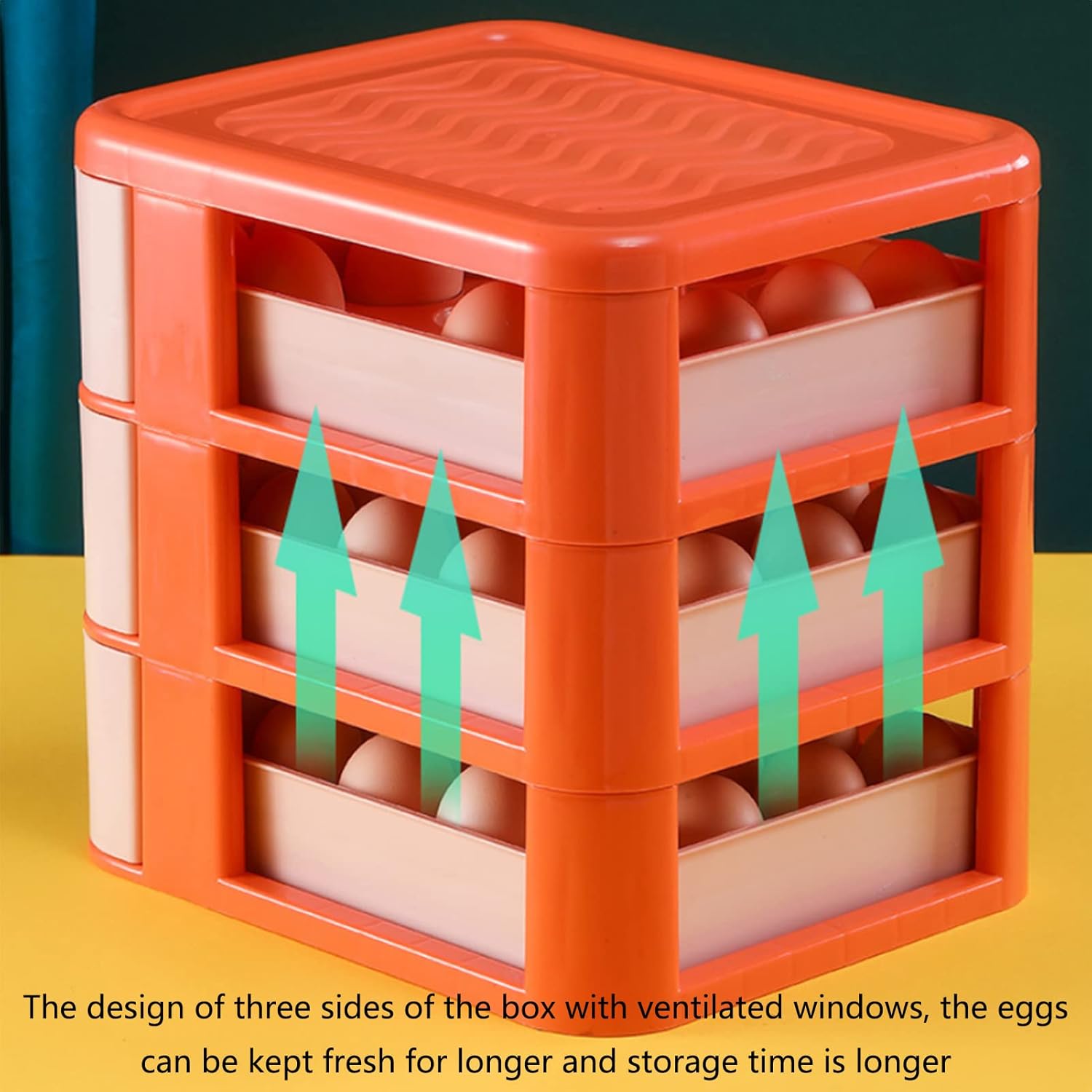 Drawer Type Egg Tray Fridge Organizer Kitchen Plastic Egg Holder 3-Layer Drawer Type Egg Fresh Storage Box Stackable Plastic Egg Box-Green 11.2x10.6x5.1inch (Orange 11.2x10.6x5.1inch)