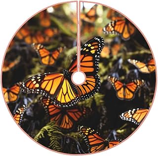 30" Christmas Tree Skirt Heaps of Orange Monarch Butterflies Decorative Xmas Tree Skirts Mat Winter Holiday Christmas Tree Rug Farmhouse Xmas Tree Base Cover for Home Party Indoor Outdoor Decoration