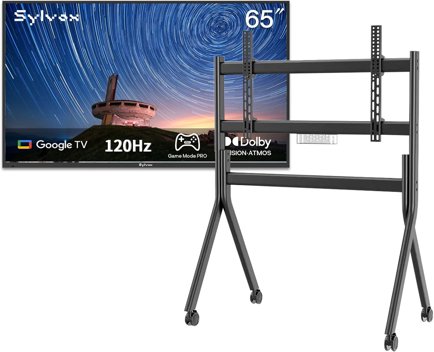 SYLVOX Outdoor TV with Rolling Stand, 65 inch 120Hz 4K Smart TVs, Weatherproof & IP55 Waterproof, Compatible with Google & Dolby Atmos, HDMI 2.1 & USB 3.0, 1000 Nits Outside TV for Gaming