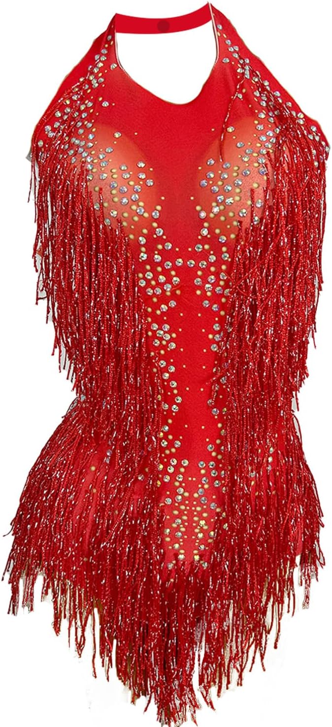 Women Rhinestones Fringes Leotard for Latin Dance Nightclub Party Costume Stage Wear Performance Tassel Bodysuit