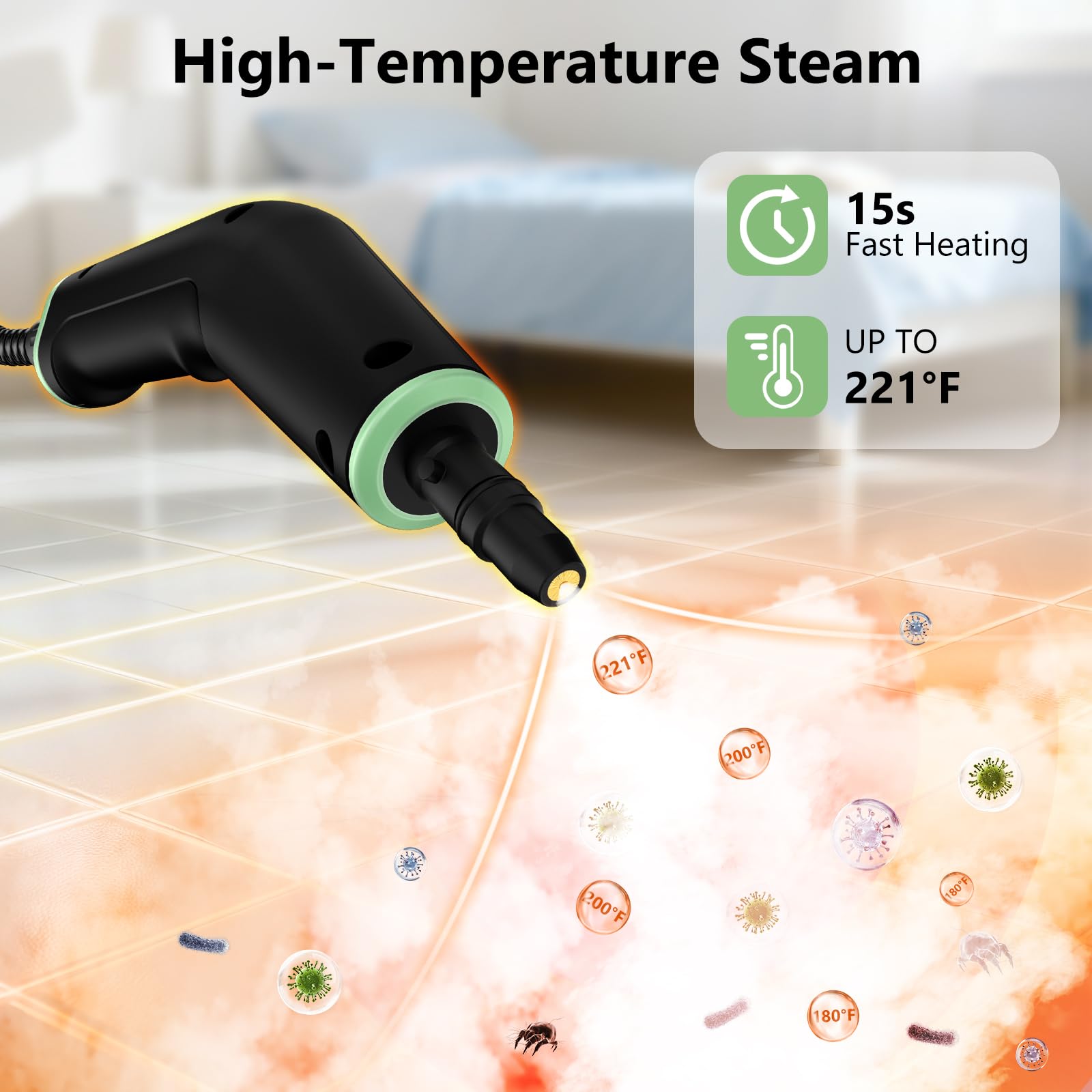 Steam Cleaner, Portable Steamer for Cleaning with 16pcs Accessories, 6-Level Adjustable and 15s Heat-Up, Handheld Steam Cleaner for Home, Tile, Dirt, Grout, Grease, Car Detailing, Light Green - Image 4