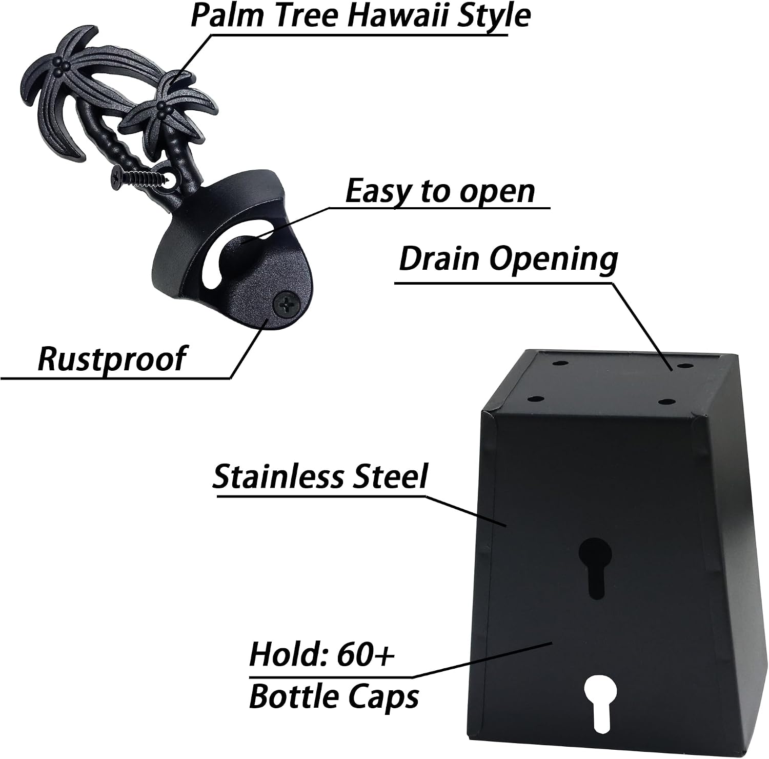 Black Palm Tree Beer Opener Wall Mounted Bottle Cap Opener with Cap Catcher Drainage for Beach Theme Gifts