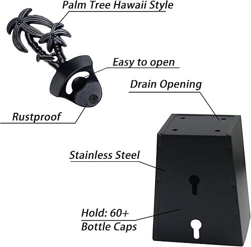 Miniatura 2 de Jumiok Abridor de cerveza de palmera negra montado en la pared con tapa de drenaje para regalos temáticos de playa
