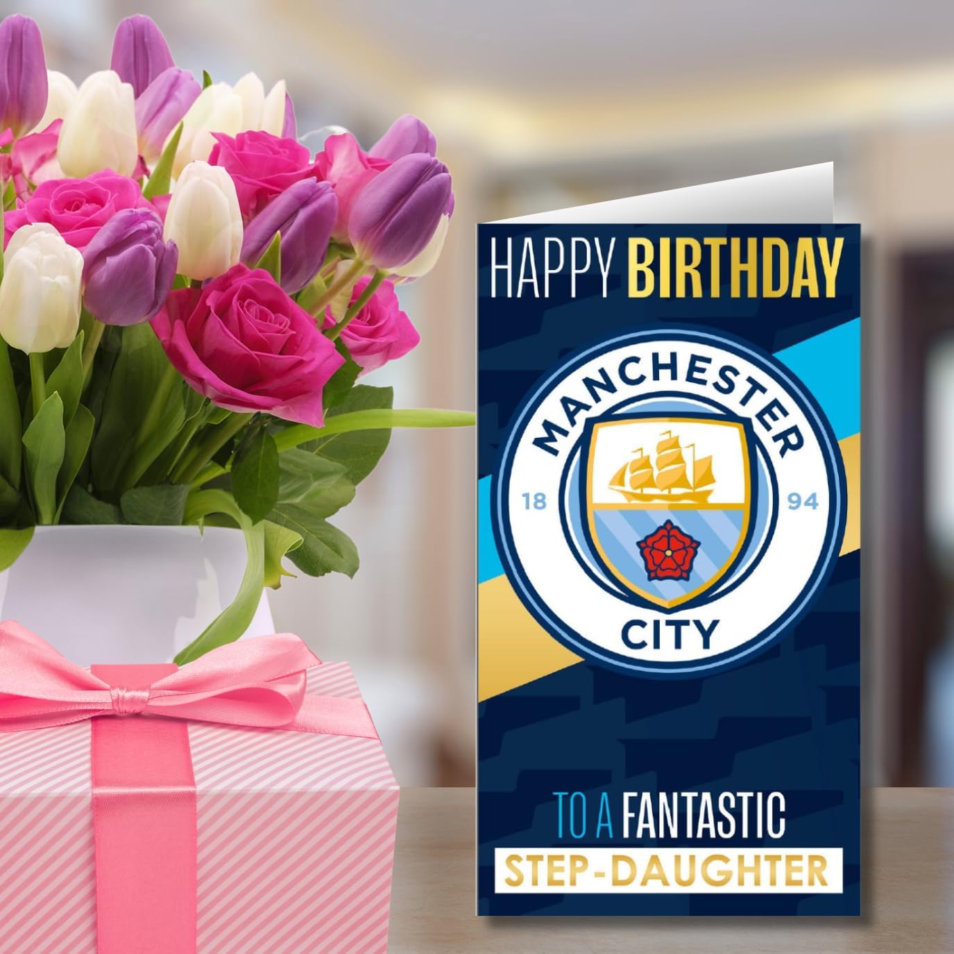 Manchester City Football Club Birthday Card. Comes with Stickers to Personalise with your Caption, Mum, Dad, Grandson, Boyfriend, Open Birthday Card, Blue