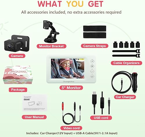 Miniatura 8 de Cámara de coche para bebé con visión nocturna Gen2, monitor de coche de bebé HD 1080P IPS de 5 pulgadas con zoom 3X, cámara de asiento trasero,