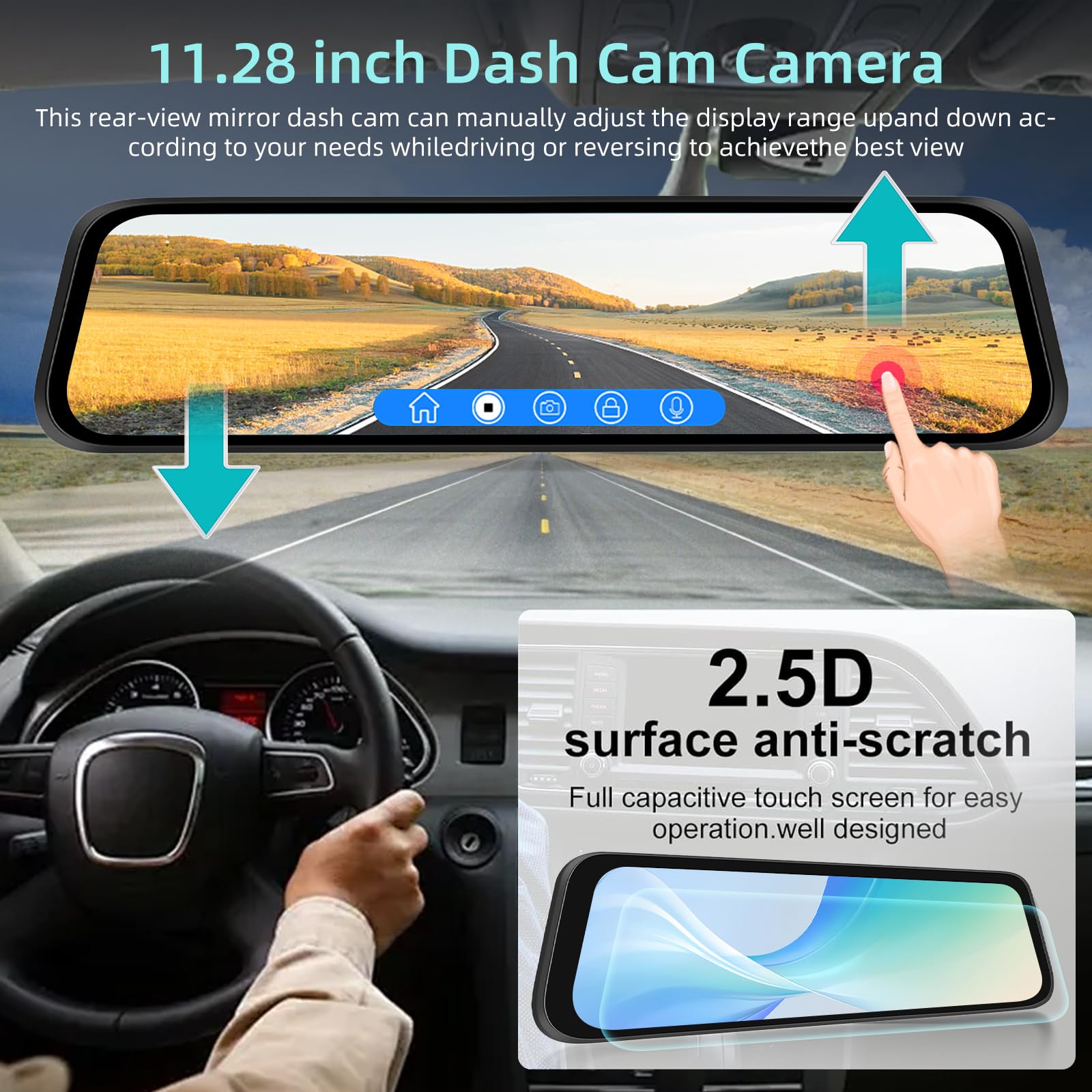 WOLFBOX G850 4K dash cam spiegel 12'' achteruitkijkspiegel camera voor auto, dual dash cam auto voor en achter, super nachtzicht, parkeerbewaking, achteruitrijhulp, inclusief 64GB TF kaart & GPS