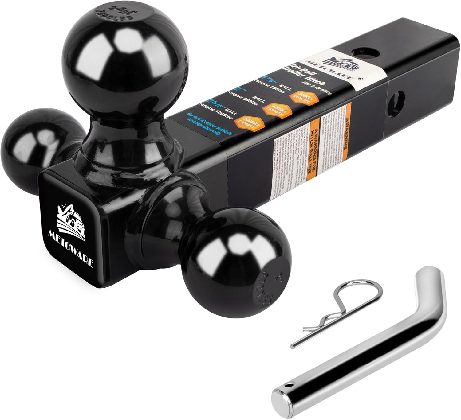 METOWARE Trailer Hitch Tri Ball Mount with 5/8" Hitch Pin, 1-7/8 Inch, 2 Inch and 2-5/16 Inch Tri Ball Hitch Fit 2 Inch Receiver, Hollow Shank Tow Hitch, Black