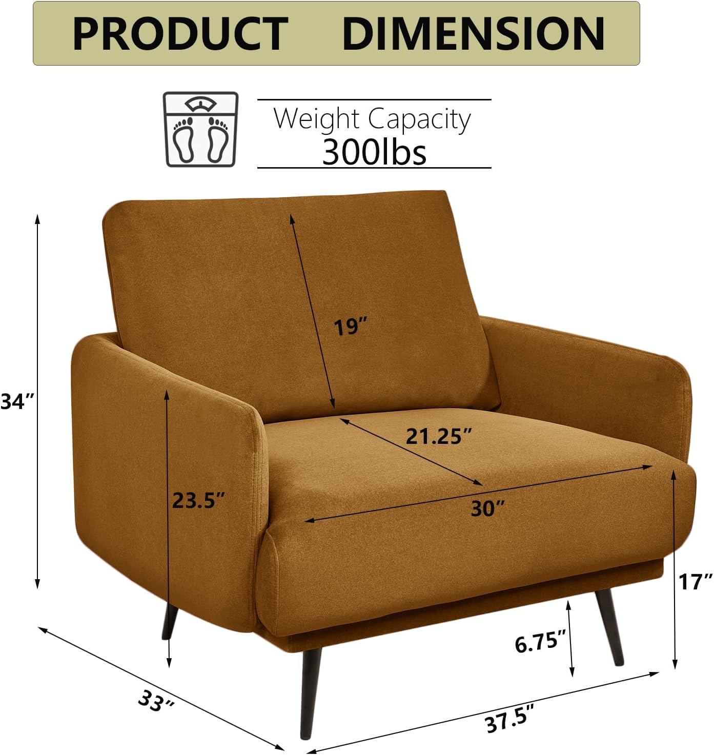 Mid-Century Oversized Accent Chair, Modern 37.5'' Upholstered Armchair for Living Room, Comfy Reading Chair for Bedroom, Single Sofa Chair (Brownnish Yellow-Velvet, 1*Seat)