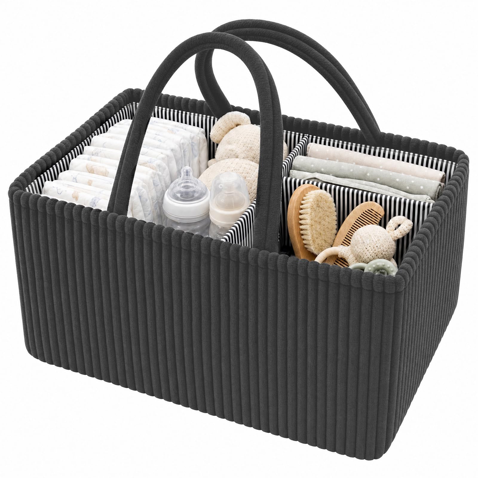 Bpyhebe Divided Corduroy Diaper Caddy Organizer Bin Foldable Storage Basket with Handle for Baby Nursery Car Bathroom Bedroom(Grey)