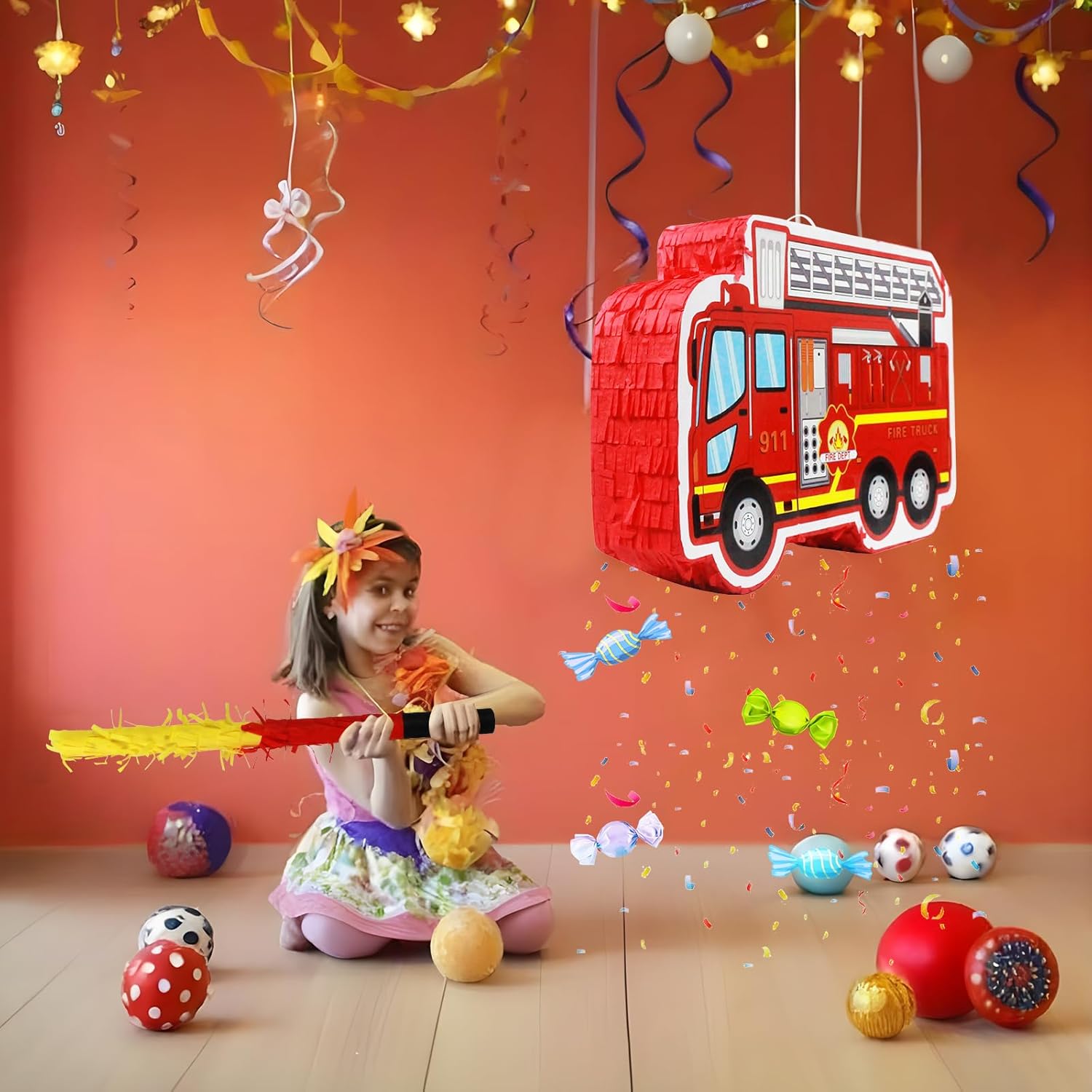 Fire Truck Pinata, Funny Firetruck Piñata for Boys Girls Firefighter Birthday Decorations, Baby Shower, Thanksgiving, Christmas, Mexican Fiesta, Cinco De Mayo Supplies 16.5x10.6x3.15in