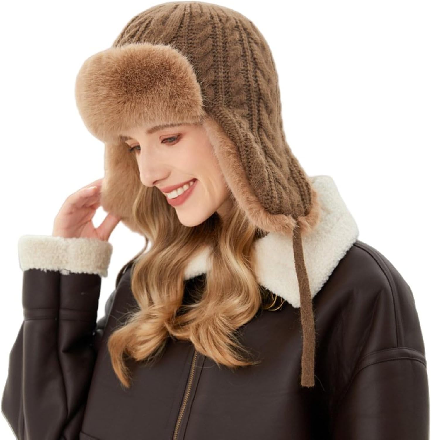 Womens Winter Cozy Knitted Ushanka Russian Hat Thickened Faux Fur Trapper Hat Windproof Ear Flaps Hunting Hat