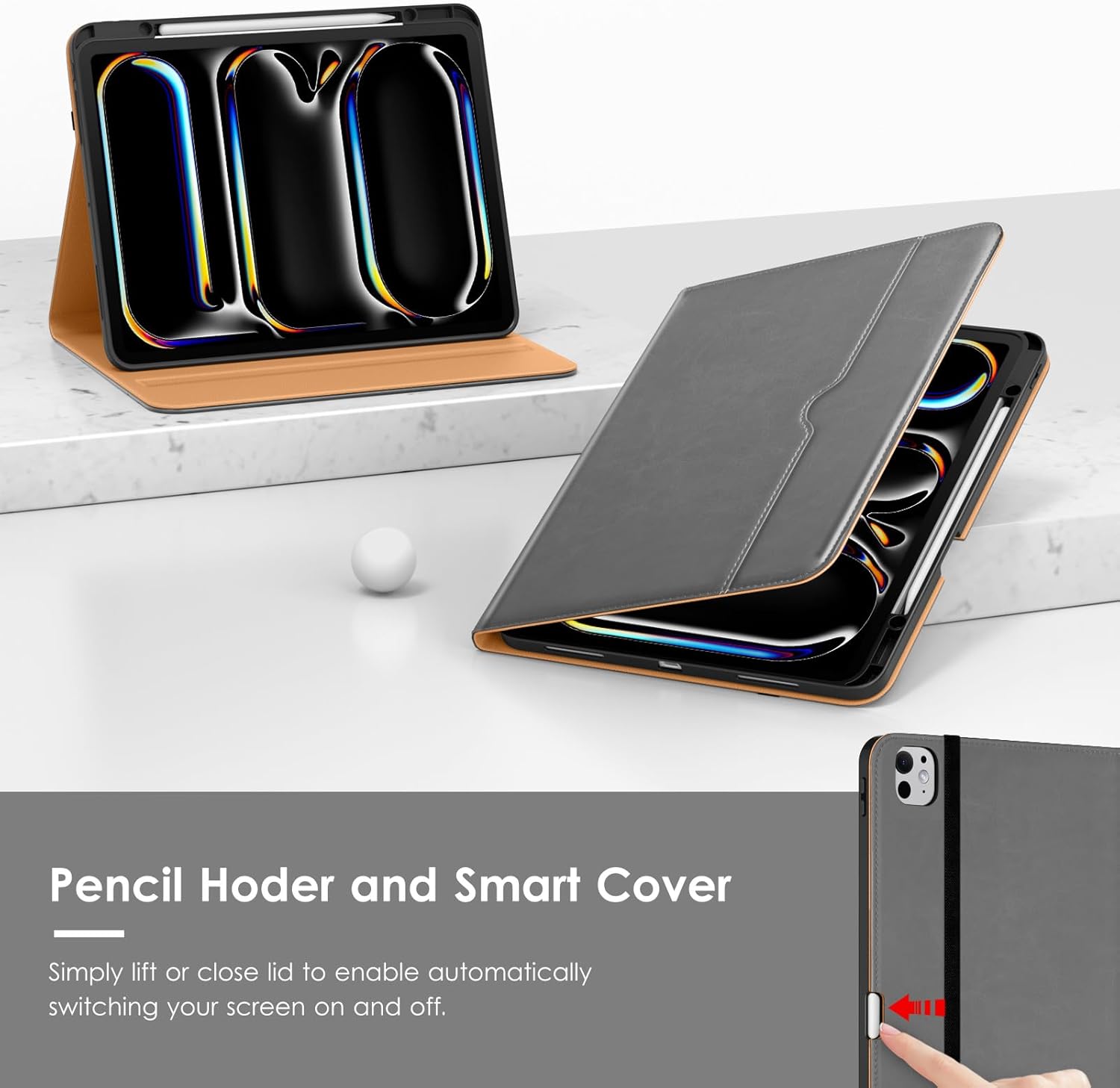 VIKESI Case for iPad Pro 13-inch M5 or M4 Released in 2025 or 2024, Leather Stand Cover with Apple Pencil Holder, Auto Wake/Sleep, Multiple Viewing Angles, Built in Hand Strap & Pocket,Grey