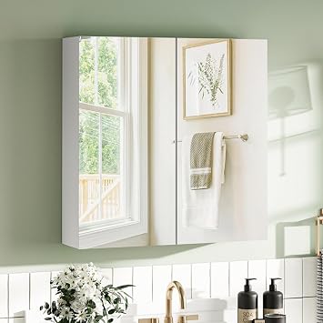 Wall-Mounted Mirror Cabinet White, 2-Door Mirrored Storage Cupboard, Adjustable Height Shelves Storage Unit 60 x 60 x 15 cm
