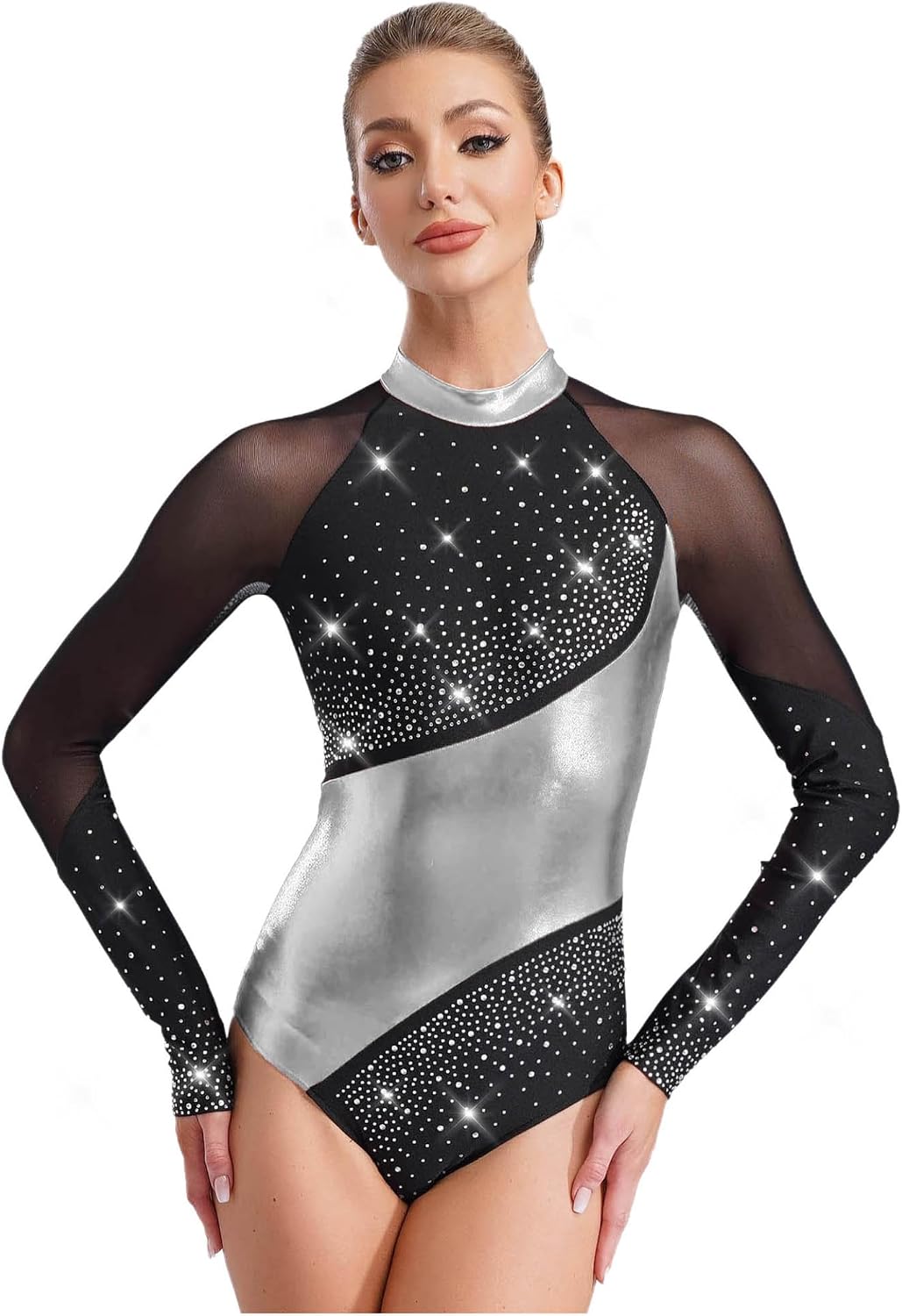 Women's Gymnastics Leotards Figure Skating Bodysuit | Metallic Color Block, Rhinestones, Keyhole Back, Athletic Dance Bodysuit, for Artistic Gymnastics, Recital, Daily Practice