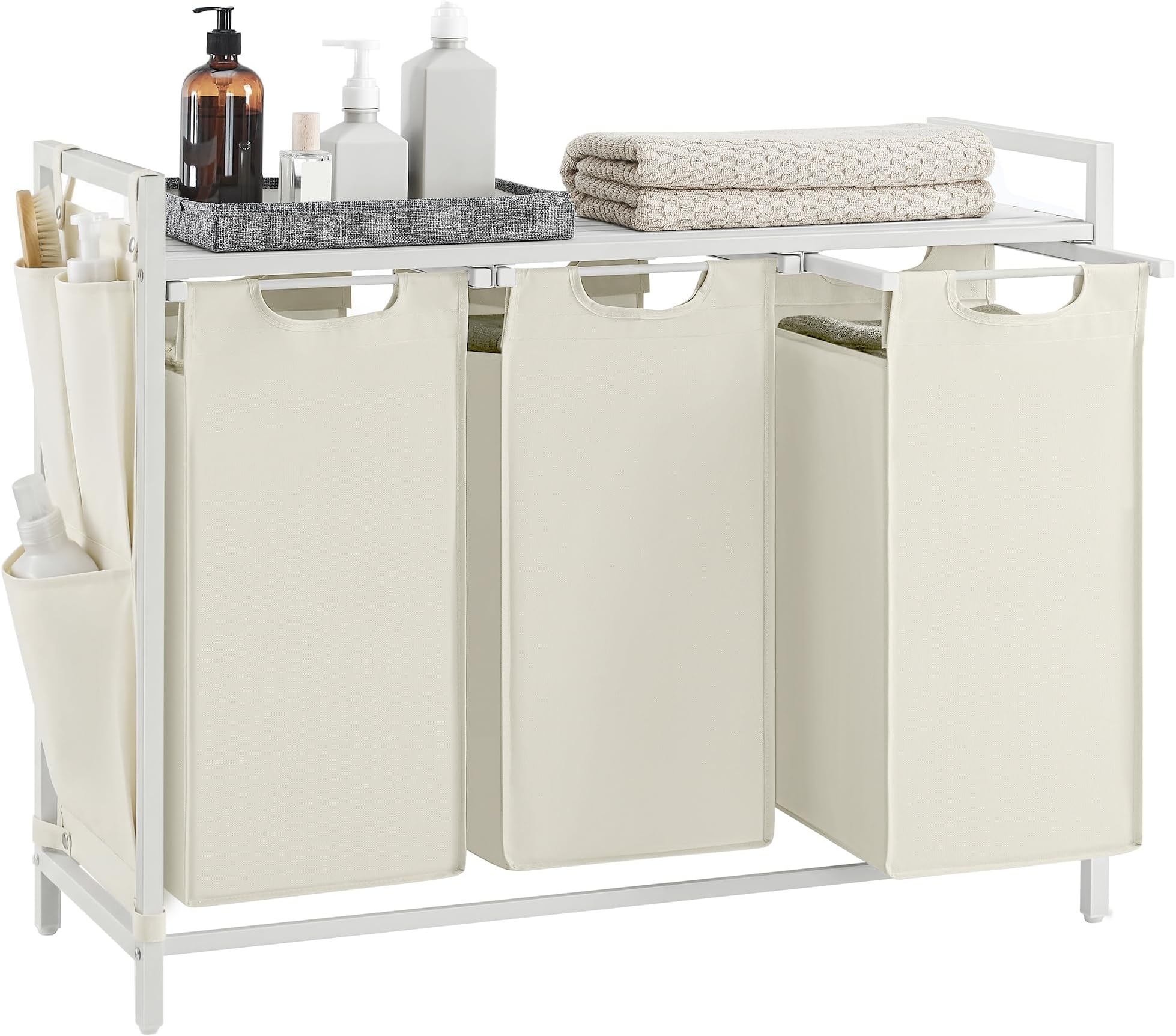VASAGLE Laundry Hamper with Shelf, 3 Pull-Out Bags, 3 x 10.6 Gallons (40 L) | Laundry Basket, Laundry Sorter 3 Section, Metal Frame, Cloud White and White, BRENTA Collection UBLH301WZ66