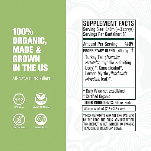 Miniatura 4 de LIFE CYKEL Suplemento de hongo de cola de pavo en aerosol oral con mirto de limón - 100% hongos orgánicos de cola de pavo - Suplemento de apoyo
