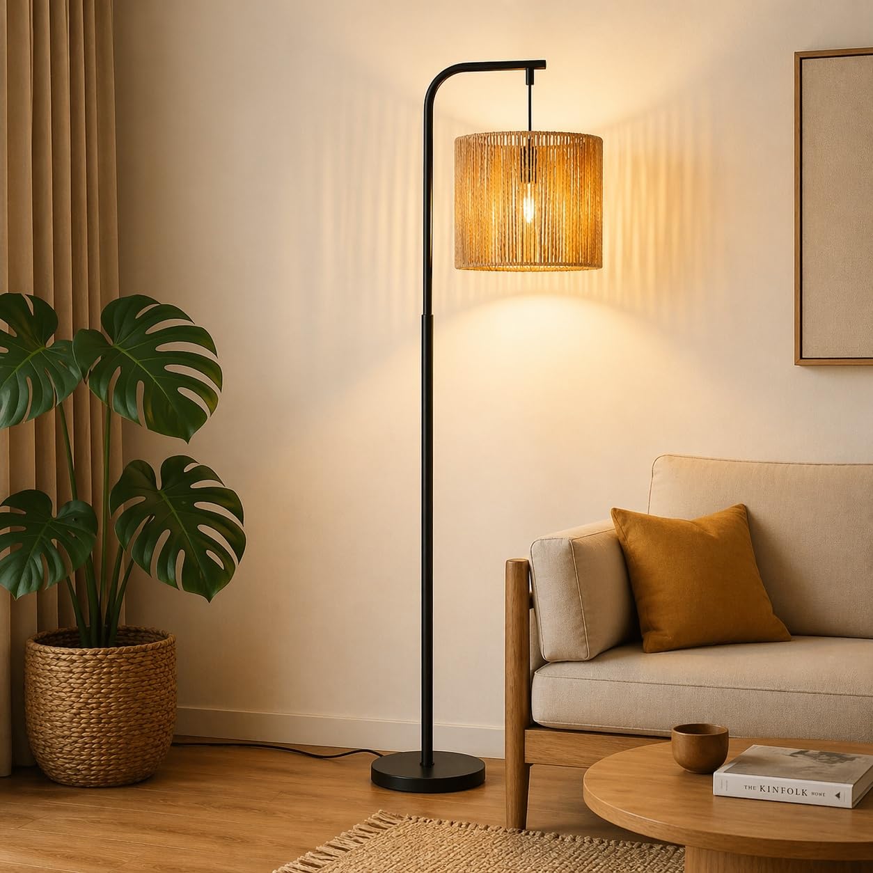 Stehlampe Rattan Boho Stehleuchte Stehlampe Wohnzimmer E27 | Standleuchte Vintage 1 Flammig 164cm Standlampe Schwarz Fußschalter Für Schlafzimmer Terrasse Büro