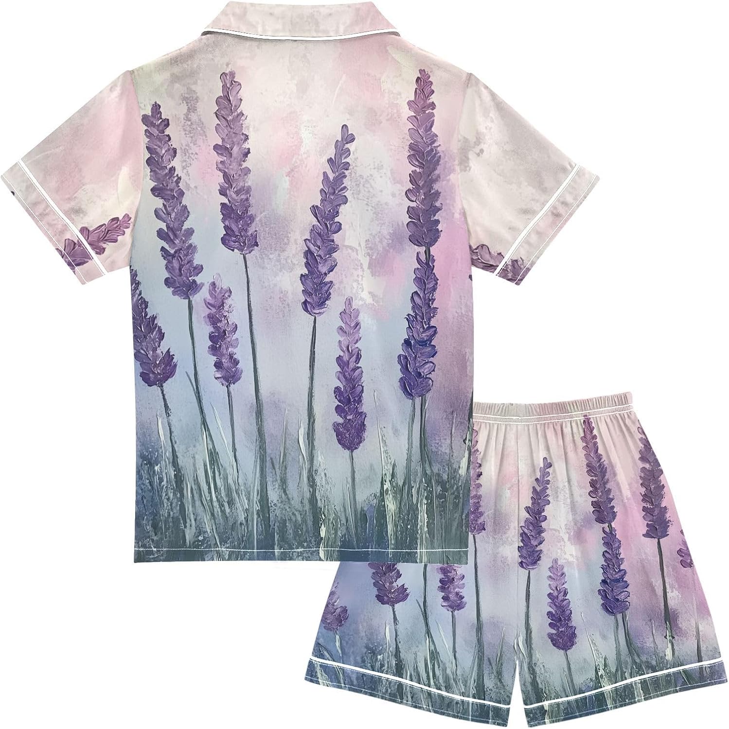 ZZXXB Lavender Flowers Watercolor Kids Satin Short Sets Outfits Casual Button Down Short Sleeve Lounge Set S-XXL