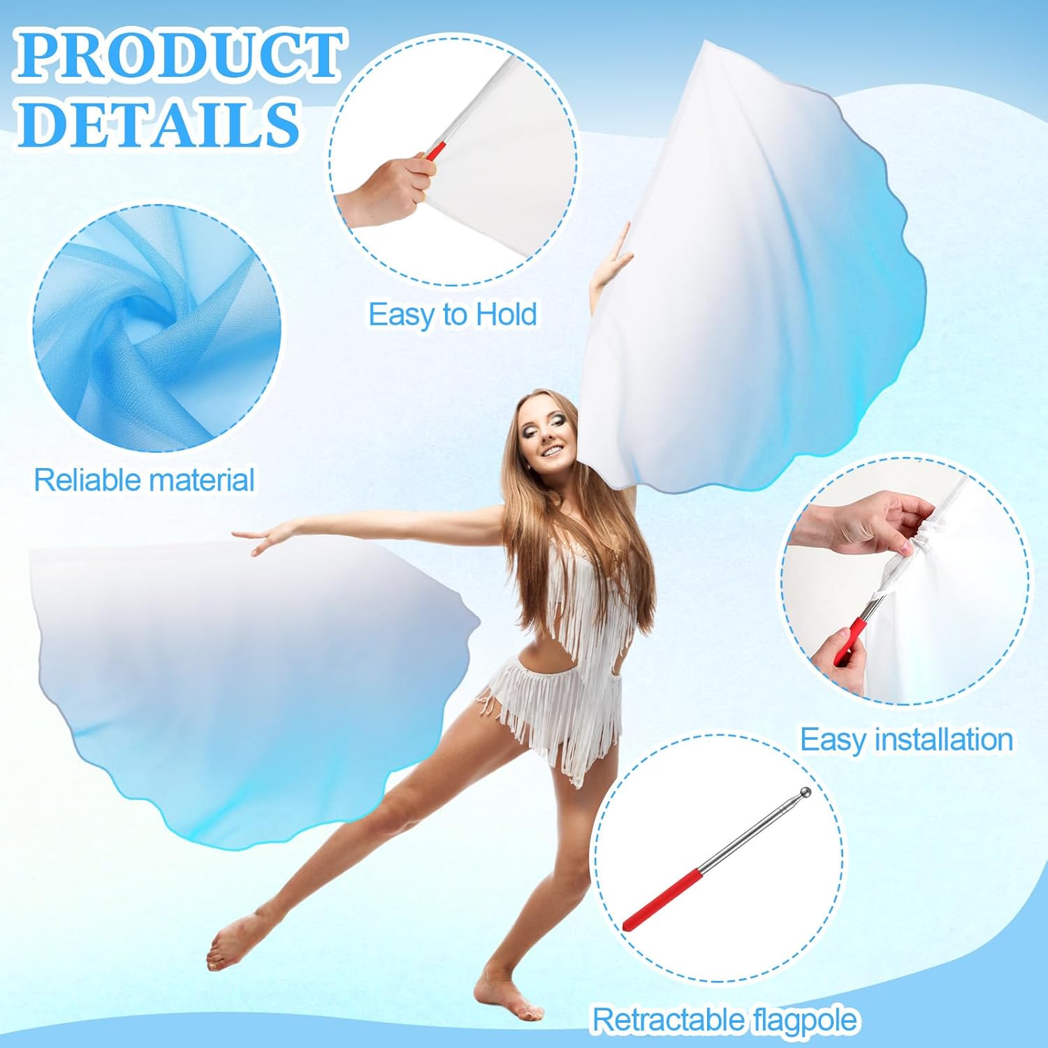HunnmingRe 8 Set Worship Dance Flags with 8 Pcs Scalable Rod 29.5 x 39.3 Inch Praise Church Flags Semicircle Worship Angel Wing for Girls Adults Practice Performance(Gradient Blue and White)