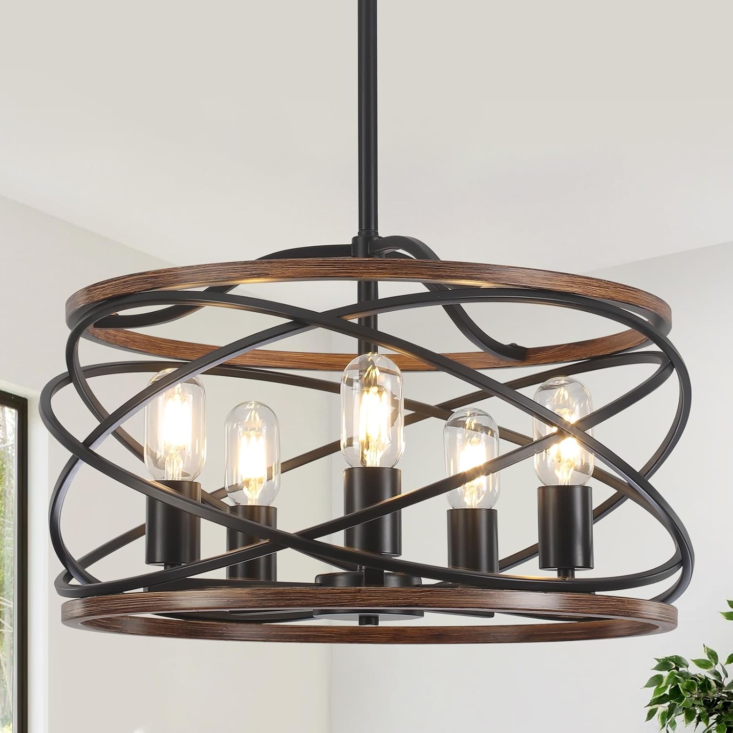 19.7'' Farmhouse Industrial Chandelier for Dining Room, 5-Light Rustic Black and Brown Metal Wood Texture Drum Chandeliers Hanging Light Fixture for Entryway Kitchen Foyer Bedroom Living Room