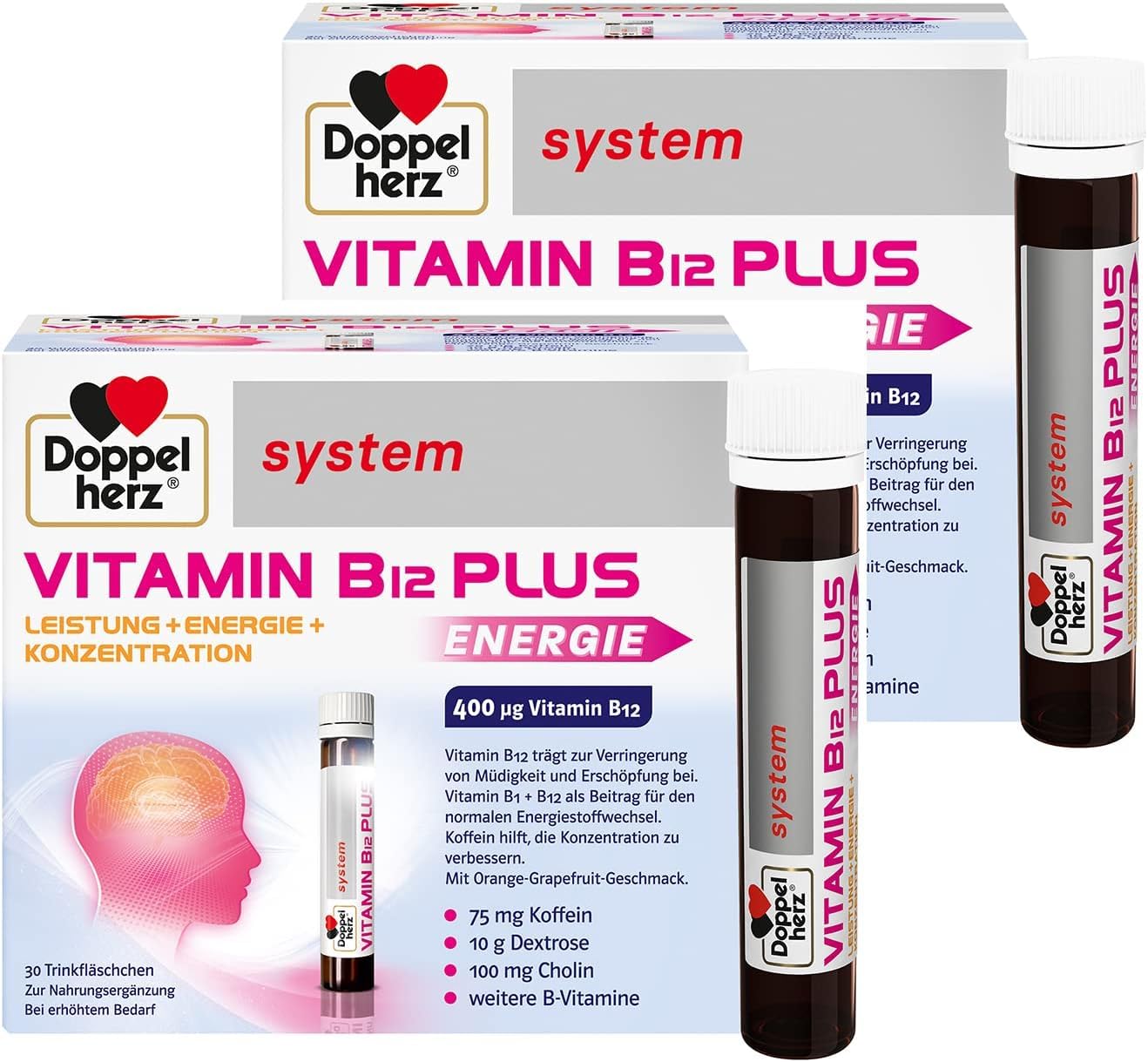 Doppelherz system VITAMIN B12 PLUS ENERGIE - Praktische Trinkfläschchen | Vitamin B12 trägt zur Verringerung von Müdigkeit und Erschöpfung bei - vegan, lactose- & glutenfrei - 2 x 30 Trinkfläschchen