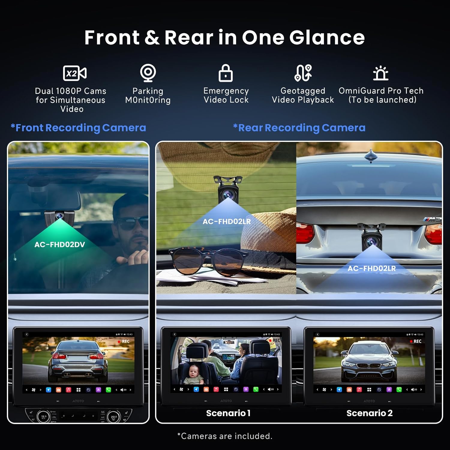 Image showing the ATOTONA X10 display with split-screen views from front and rear cameras, highlighting dual recording capabilities.