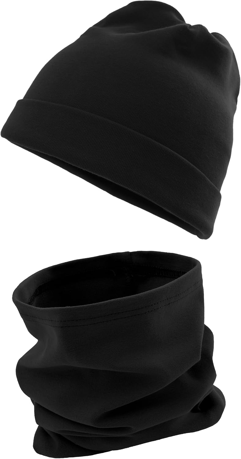 Children's Hat Scarf Set Cotton Baby Hat Girls Boys Hood Warm Beanie Loop Scarf Autumn Winter M black