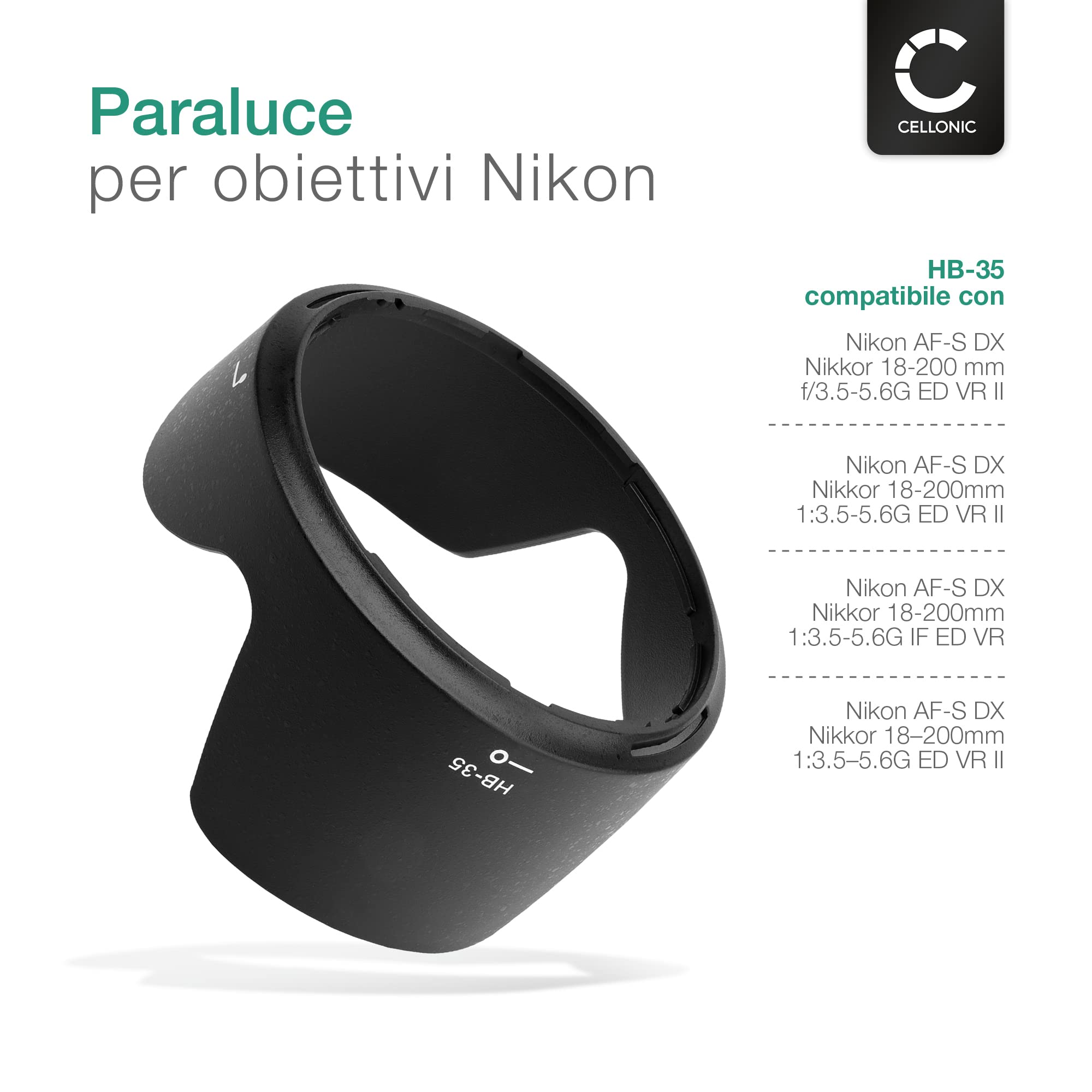 CELLONIC Paraluce Compatibile con Nikon AF-S DX Nikkor 18-200 mm f/3.5-5.6G ED VR II, AF-S DX baionetta HB-35 Lens Hood in Materiale Sintetico Protegge l'obiettivo e la Lente da Urti e Graffi