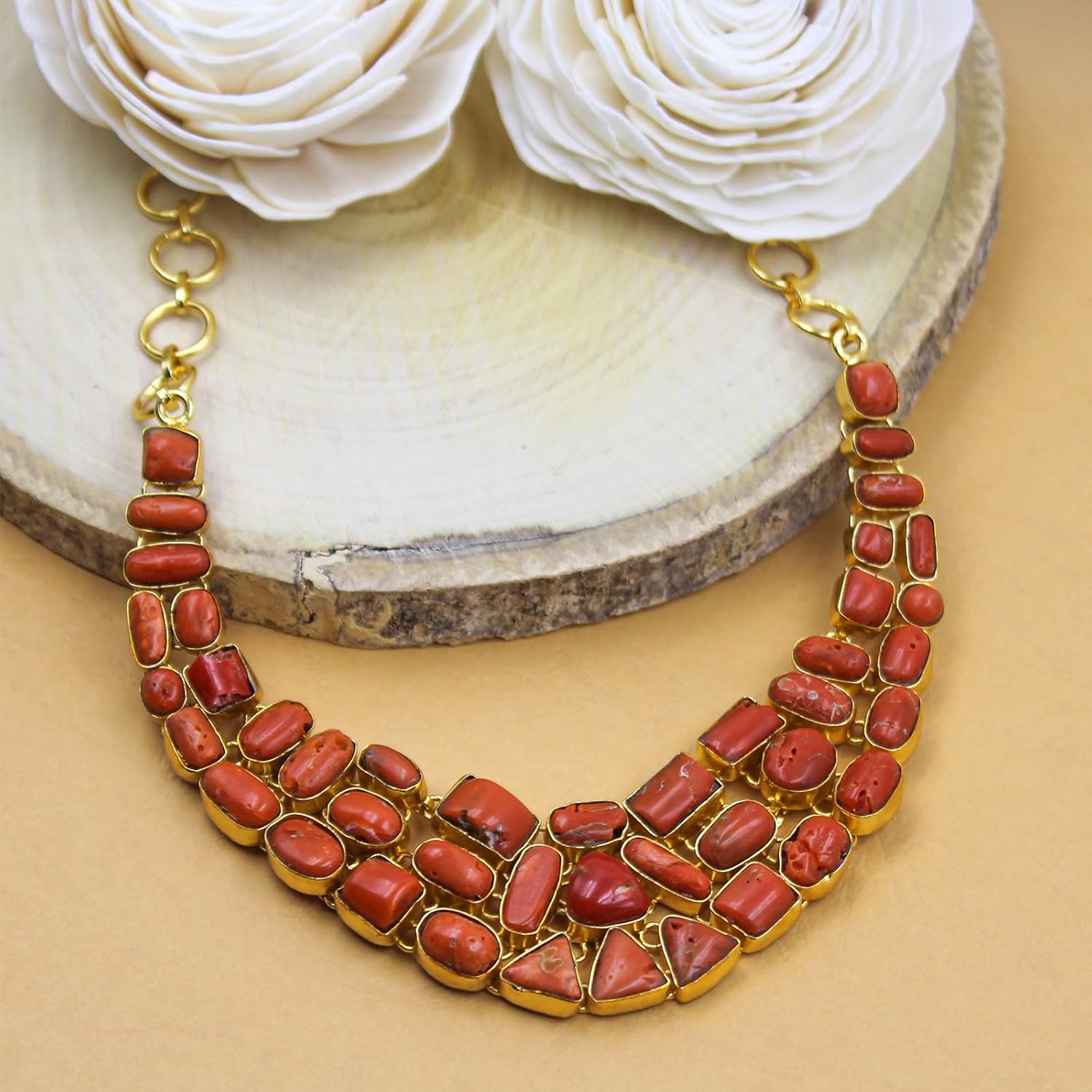 Tibetan Silver Collar Necklace for Women, Handmade Gold Plated Designer Jewellery, Genuine Coral Gemstone Fashion Necklace