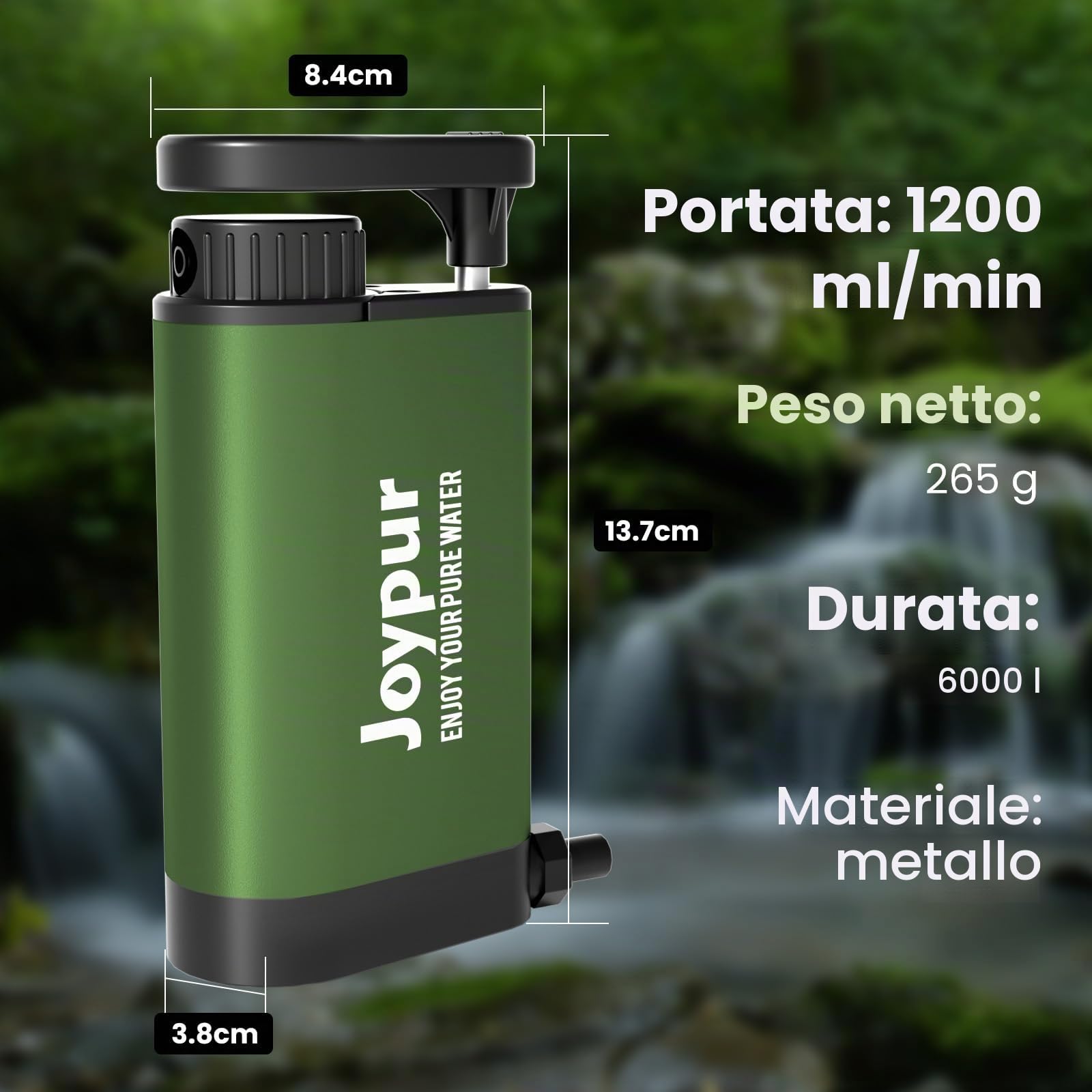 Filtro dell'acqua per esterni di sopravvivenza – Filtro acqua potabile in metallo con capacità di filtro da 6000 l depuratore d'acqua portatile per campeggio escursioni emergenze ecc. (Verde)