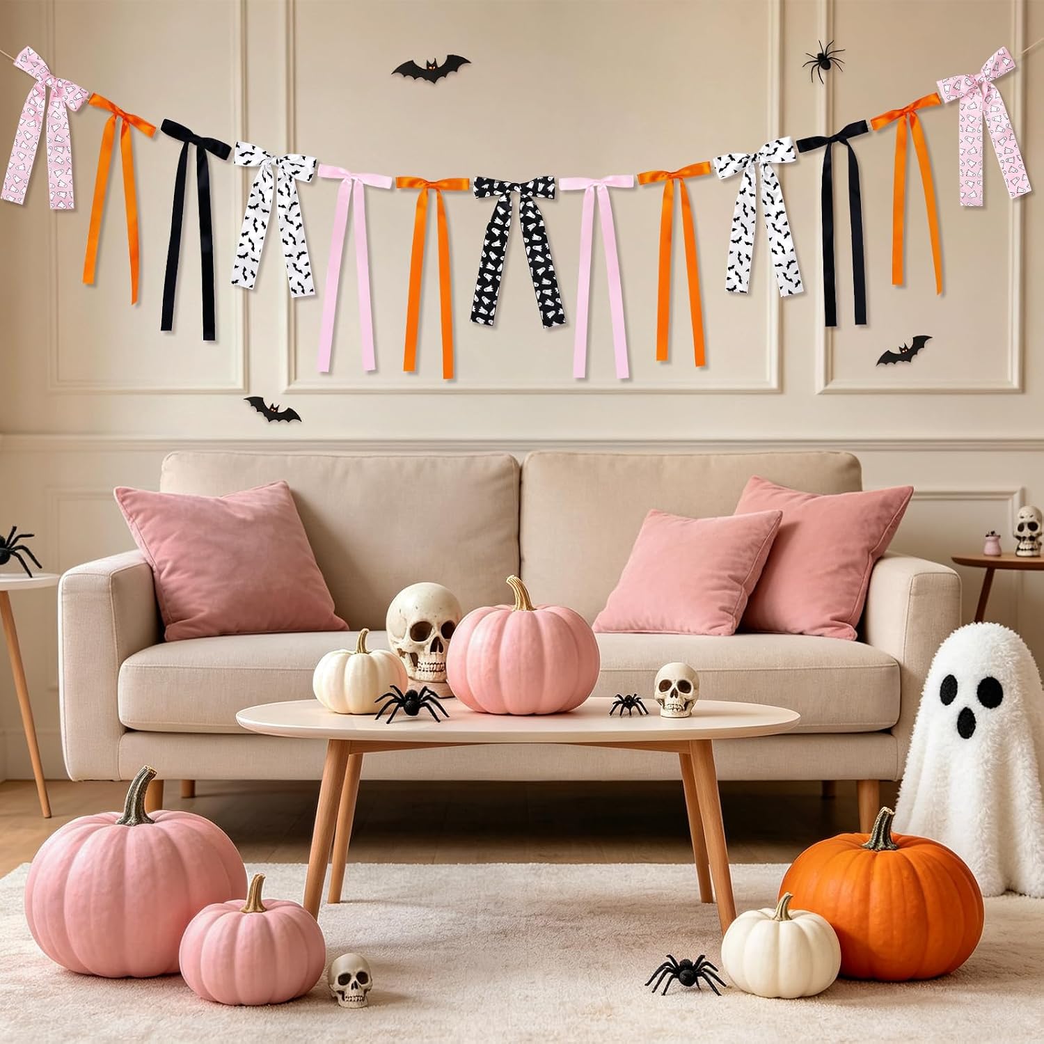 Halloween Bow Garland Banner, Pink Orange Halloween Ghost Bat Bow Garland