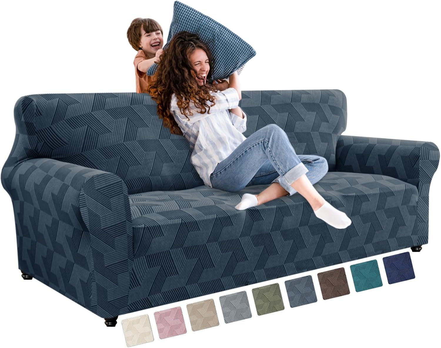 JIVENER 1 Piece Couch Cover for 3 Cushion Couch, High Stretch Sofa Covers with Elastic Bottom, Washable Sofa Slipcovers for Dog, Pets Feature Geometrical Jacquard Fabric (Sofa, Dark Grey)