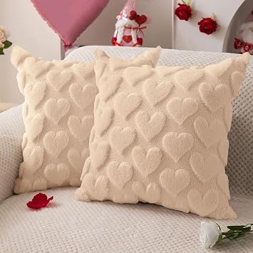 DFXSZ Valentines Pillow Covers 18x18 inch Set of 2 Valentines Day Decoration Beige Heart Soft Plush Faux Fur Jacquard Throw Pillows for Bedroom Sofa Holiday Festivals Home Decor PTK017D18