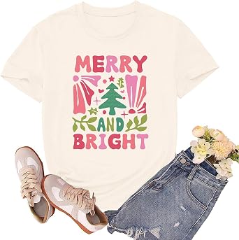 Christmas Shirts for Women Merry and Bright Tshirts Merry Christmas Shirt Xmas Holiday Tee Tops