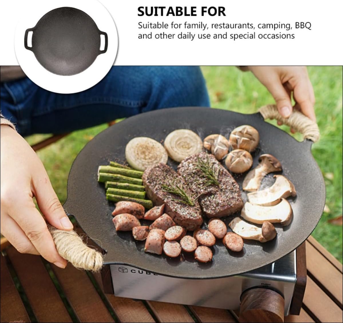 Uonlytech Cast Iron Bbq Grill Pan for Camping and Picnic Cooking