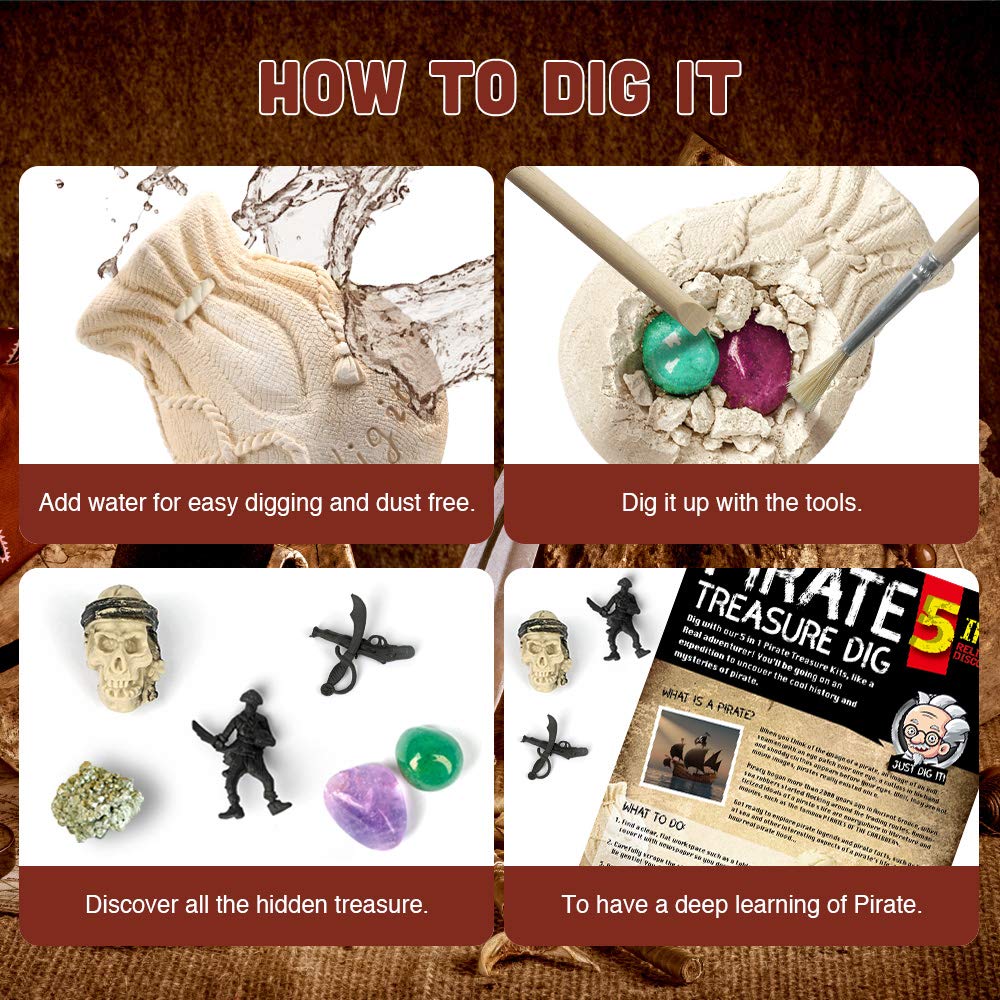 JUGUETES - Kit de excavación de tesoros piratas, 5 ladrillos, kits de excavación de tesoros, juguetes piratas, kits de excavación interactivos, juguetes de excavación interactivos, gran regalo de 5