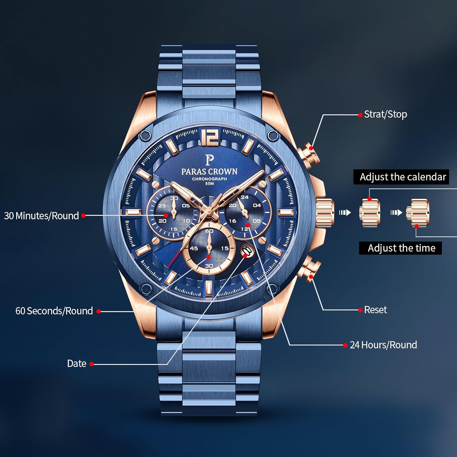 Paras Crown Mens Watches Luxury Chronograph Analog Watch Japanese Quartz Movement Stainless Steel Case 5ATM Waterproof Watches for Men - Image 3