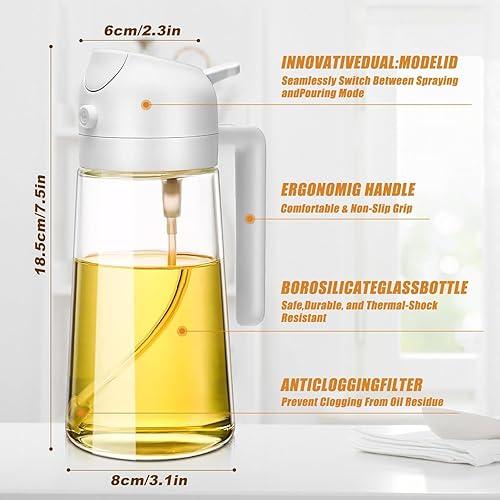 Miniatura 2 de Pulverizador de aceite de oliva de vidrio de 16 oz470 ml para cocinar - Dispensador de aceite de oliva 2 en 1 para utensilios de cocina, freidora de
