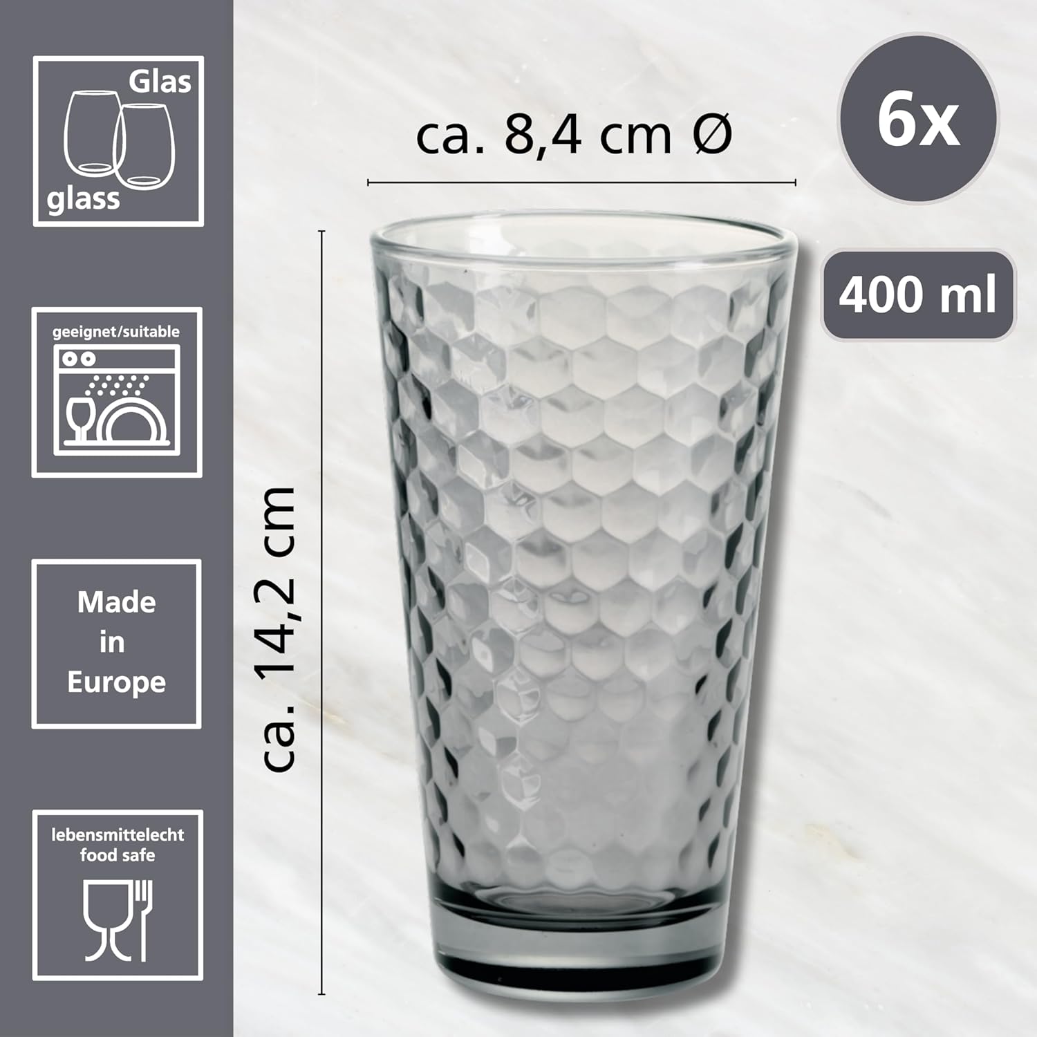 Ritzenhoff & Breker Favo Long Drink Glasses Set of 6 Grey 8.4 cm x 14.2 cm