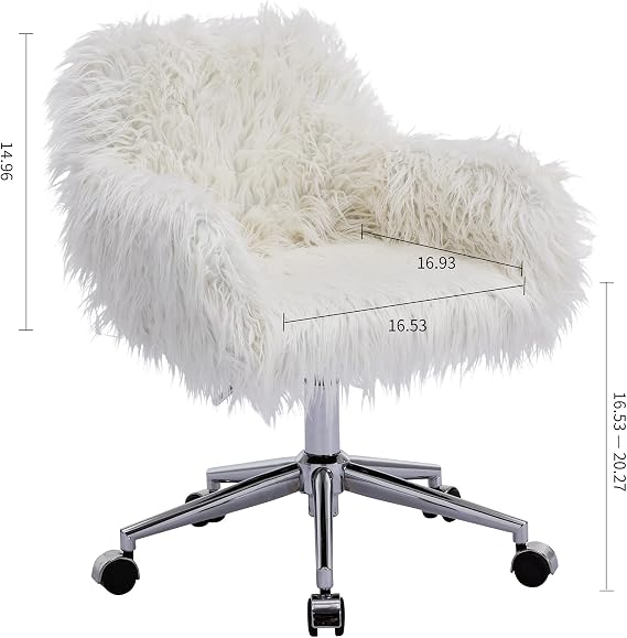 Cute White Fluffy Desk Chair for Girls Women, Comfy Modern Faux Fur Home Office Chair with Wheels, Elegant Swivel Fuzzy Vanity Chair Makeup Arm Chair for Living Room, Bedroom