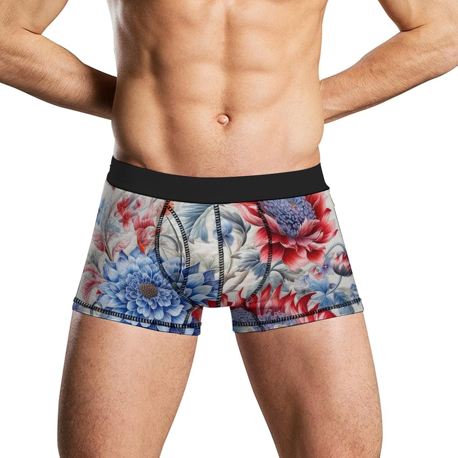 Red And Blue Flowers Mens Boxer Briefs Short Breathable Underwear Trunks Soft Moisture-Wicking Boxer Shorts Novelty Underpants M